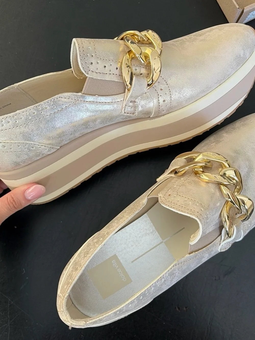 Dolce Vita Cream Metallic Platform Loafers with Gold Chain